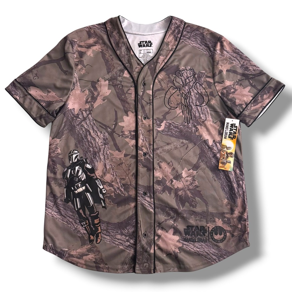 Star Wars Baseball Jersey Mens L Camo The Mandalorian Mando Mythosaur NWT
